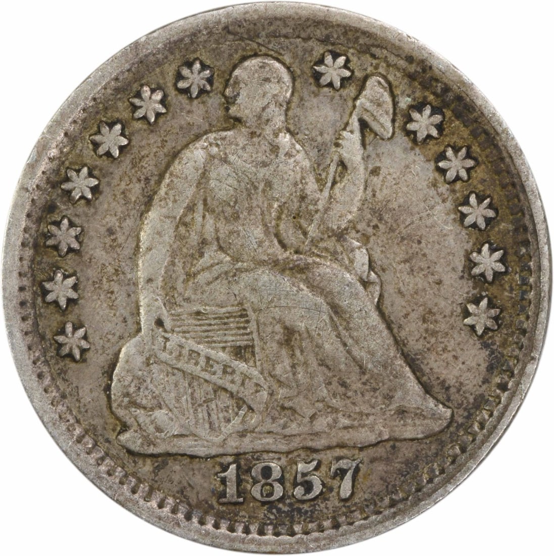 1857 Liberty Seated Half Dime Uncertified 90% Silver: 1857 Liberty Seated Half Dime Uncertified 90% Silver This 1857 Liberty Seated Silver Half Dime is a remarkable piece of numismatic history from the United States. It features a beautiful design by Chr
