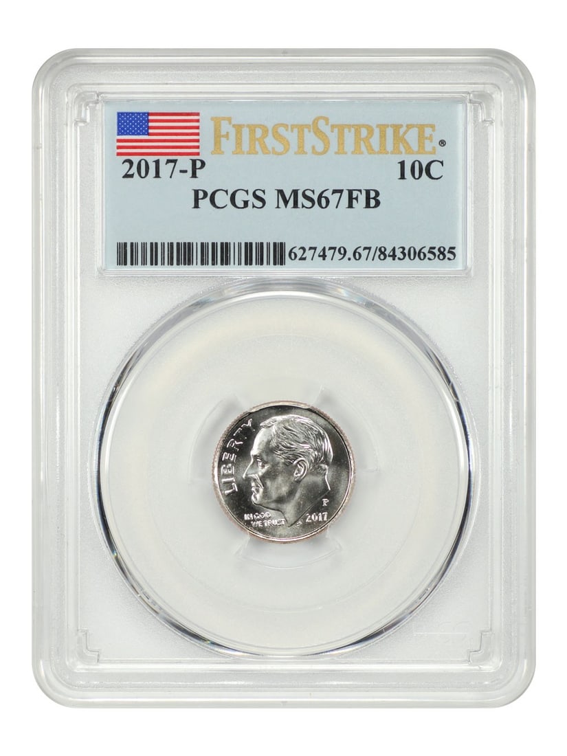 PCGS MS67FB First Strike 2017 Philadelphia Roosevelt Dime 10C: PCGS MS67FB First Strike 2017 Philadelphia Roosevelt Dime 10C This 2017-P Roosevelt Dime is graded MS67FB by PCGS and features the First Strike designation. Minted in Philadelphia, this uncirculated c