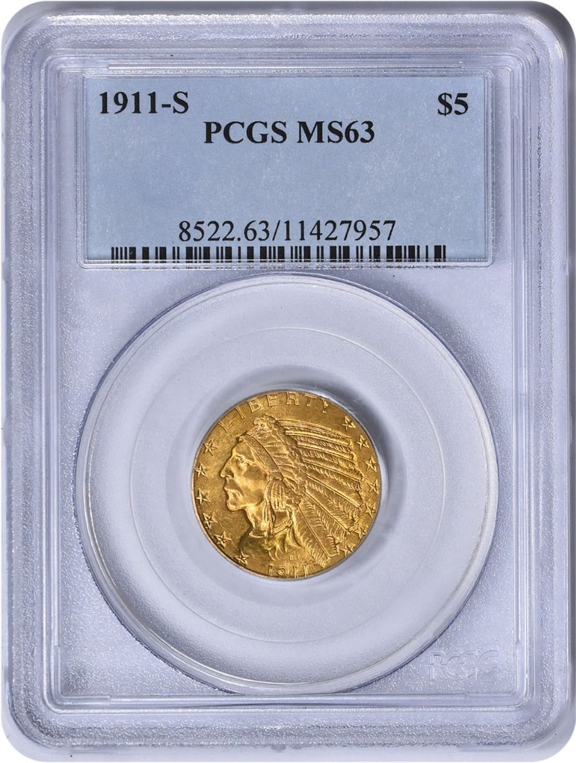 1911-S $5 Gold Indian Coin MS63 PCGS Uncirculated by Bela Lyon Pratt (1 of 4)