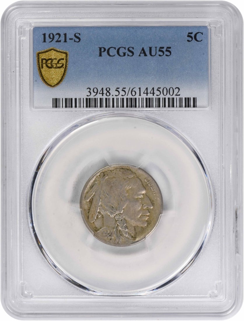San Francisco 1921 Buffalo Nickel PCGS AU55 Certified Five Cent Coin: San Francisco 1921 Buffalo Nickel PCGS AU55 Certified Five Cent Coin This is a 1921-S Buffalo Nickel graded AU55 by PCGS. Struck at the San Francisco Mint, this uncirculated coin features the iconic d