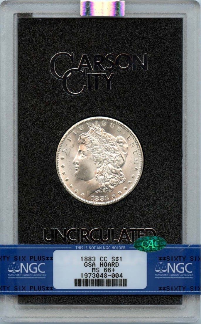 NGC MS66 Plus CAC 1883 Carson City Morgan Dollar from GSA Hoard: NGC MS66 Plus CAC 1883 Carson City Morgan Dollar from GSA Hoard This 1883-CC Morgan Dollar is part of the GSA Hoard and has been certified by NGC with a grade of MS66+ and an additional CAC designatio