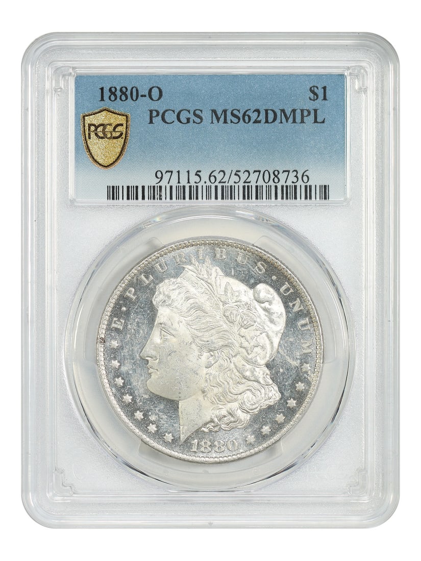 PCGS MS62DMPL 1880-O Morgan Silver Dollar Uncirculated Coin: PCGS MS62DMPL 1880-O Morgan Silver Dollar Uncirculated Coin This is an 1880-O Morgan Dollar graded MS62DMPL by PCGS. The coin features flashy, boldly contrasted surfaces with grade-consistent chatter