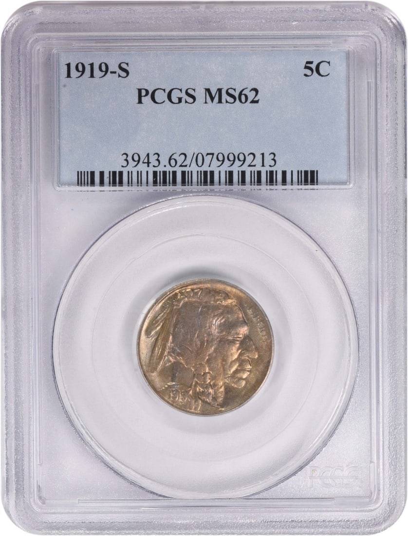 MS62 1919 San Francisco Buffalo Nickel Certified by PCGS: MS62 1919 San Francisco Buffalo Nickel Certified by PCGS This 1919-S Buffalo Nickel is certified by PCGS with a grade of MS62. Struck at the San Francisco Mint, it features the classic design by James