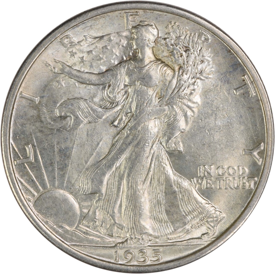 1935 San Francisco Walking Liberty 50C Silver Coin AU Grade Uncertified: 1935 San Francisco Walking Liberty 50C Silver Coin AU Grade Uncertified This 1935-S Walking Liberty Half Dollar is an attractive example from the San Francisco Mint. Designed by Adolph Alexander Weinm