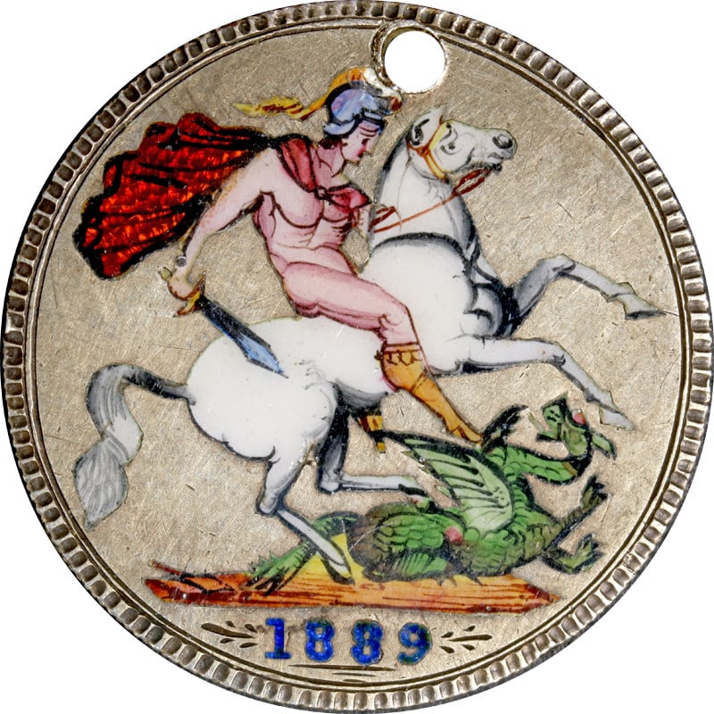 1889 Victoria D:G: Britt: Reg: F:D: Silver Coin with Enameled Design: 1889 Victoria D:G: Britt: Reg: F:D: Silver Coin with Enameled Design This 1889 Victoria D:G: Britt: Reg: F:D: coin features a beautifully enameled design and is composed of silver with a fineness of 0