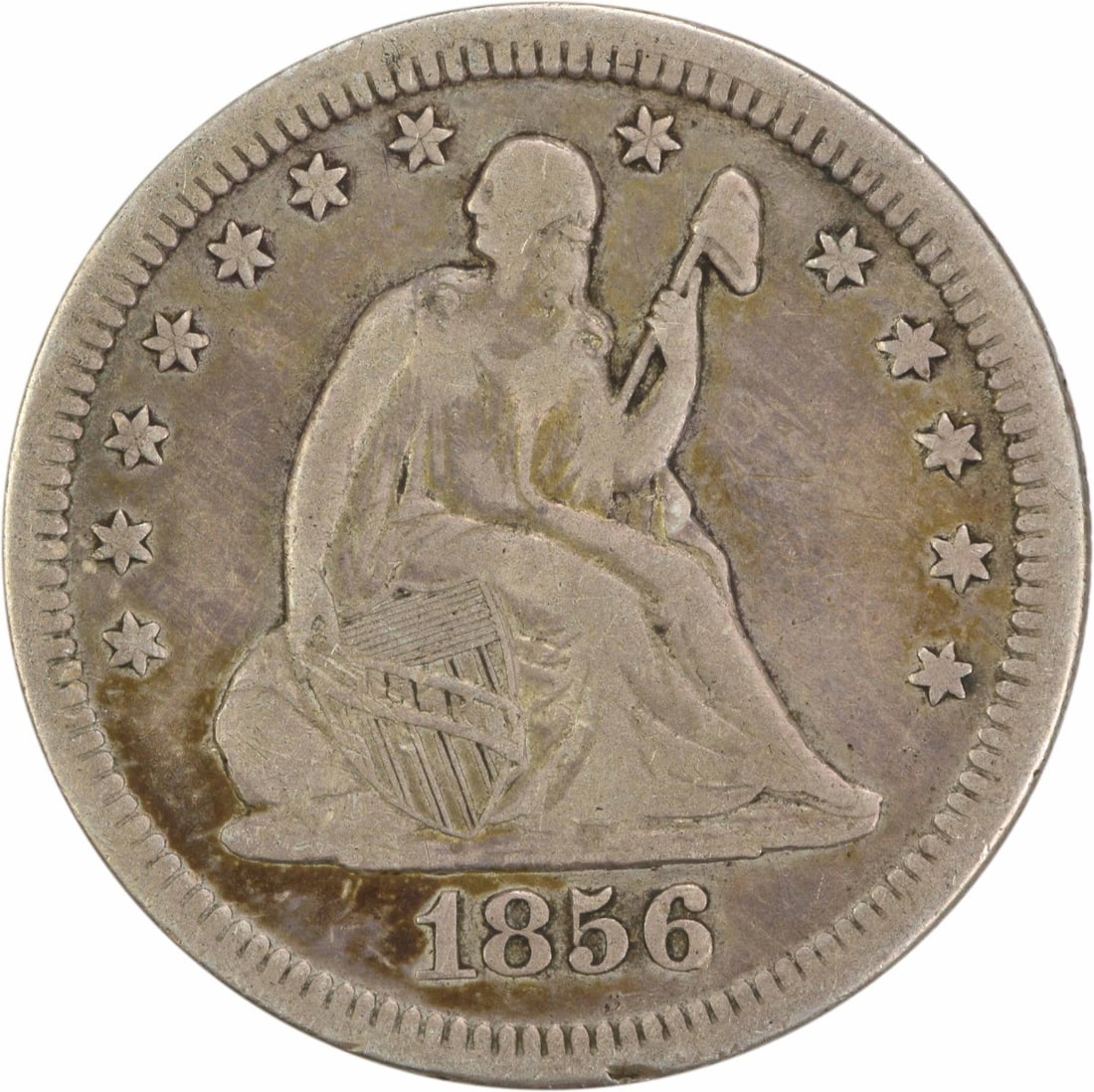 1856 Liberty Seated Quarter 90% Silver Uncertified Coin: 1856 Liberty Seated Quarter 90% Silver Uncertified Coin This 1856 Liberty Seated Quarter is a captivating piece of American numismatic history. Originating from the Philadelphia Mint, this coin featur
