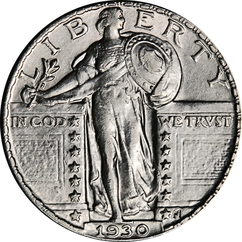 1930-P Standing Liberty Quarter Silver Coin Circulated: 1930-P Standing Liberty Quarter Silver Coin Circulated This 1930-P Standing Liberty Quarter showcases the timeless design of the renowned coin, characterized by its striking representation of Lady Lib