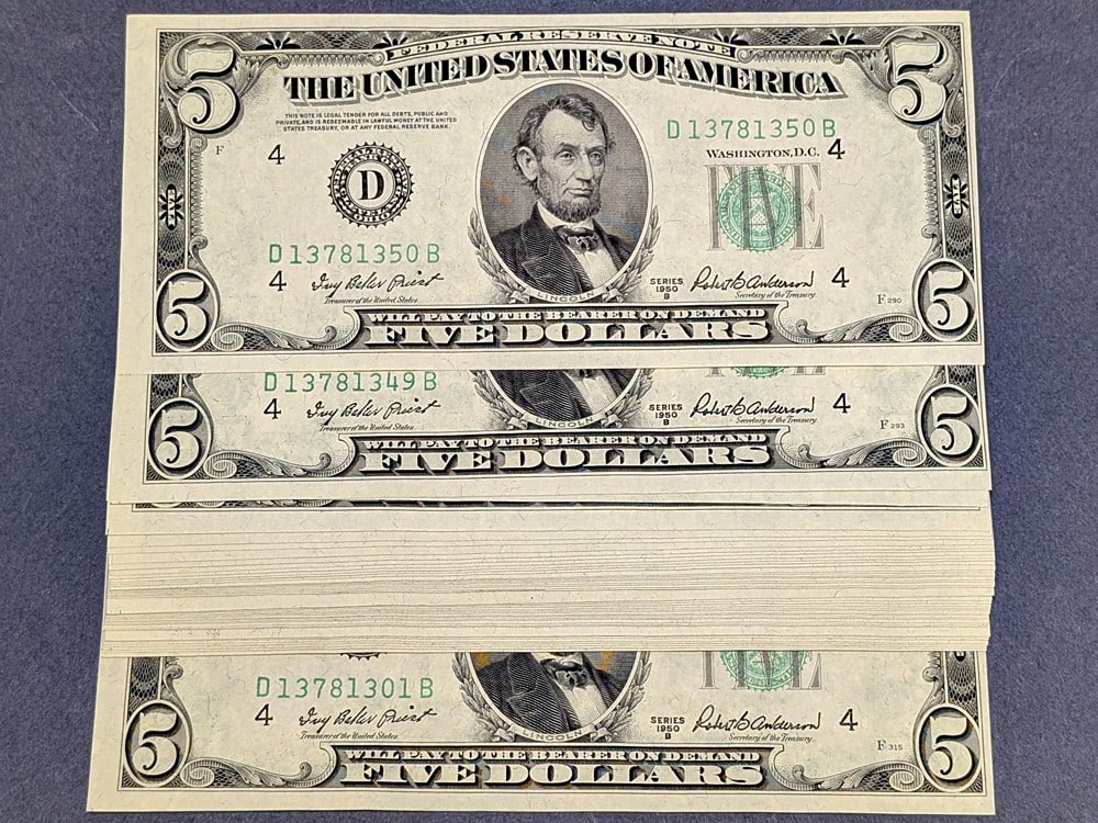 1950-B $5 Federal Reserve Note 43pc Non-Consecutive D-A Block Choice CU (1 of 2)
