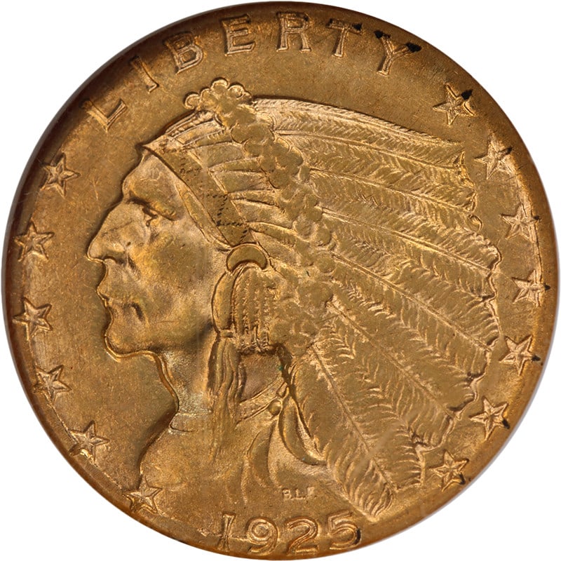 NGC AU58 1925-D $2.50 Indian Gold Coin United States: NGC AU58 1925-D $2.50 Indian Gold Coin United States This 1925-D Indian Gold $2.50 coin features attractive eye appeal, luster, and a sharp strike. The coin displays pleasing color and well-preserved 