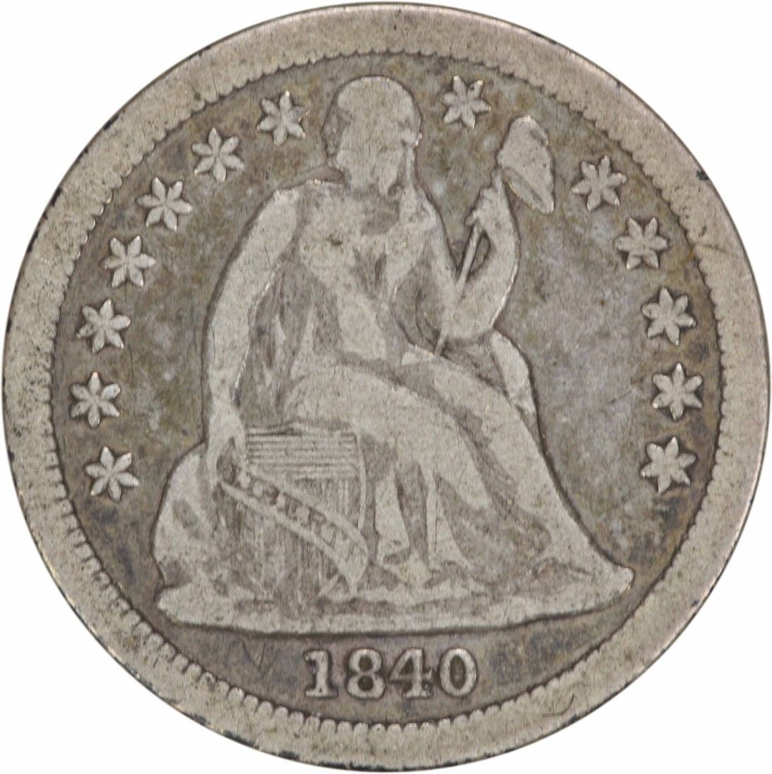 1840 Liberty Seated Silver Dime 10C Philadelphia Uncertified: 1840 Liberty Seated Silver Dime 10C Philadelphia Uncertified This 1840 Liberty Seated Silver Dime features the classic Seated Liberty design, created by designer Christian Gobrecht. Struck at the Phil