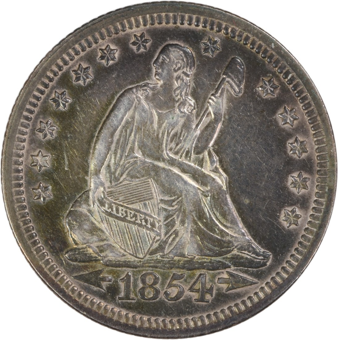 1854 Seated Liberty 25C Silver Quarter With Arrows Philadelphia AU Uncertified: 1854 Seated Liberty 25C Silver Quarter With Arrows Philadelphia AU Uncertified This is an 1854 Liberty Seated Silver Quarter with arrows, featuring a composition of 90% silver and 10% copper. The coin