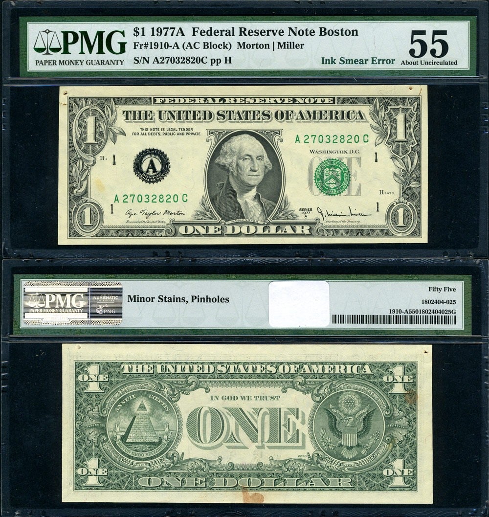 1977-A $1 Federal Reserve Note Ink Smear Error PMG AU55 Minor Stains (1 of 3)