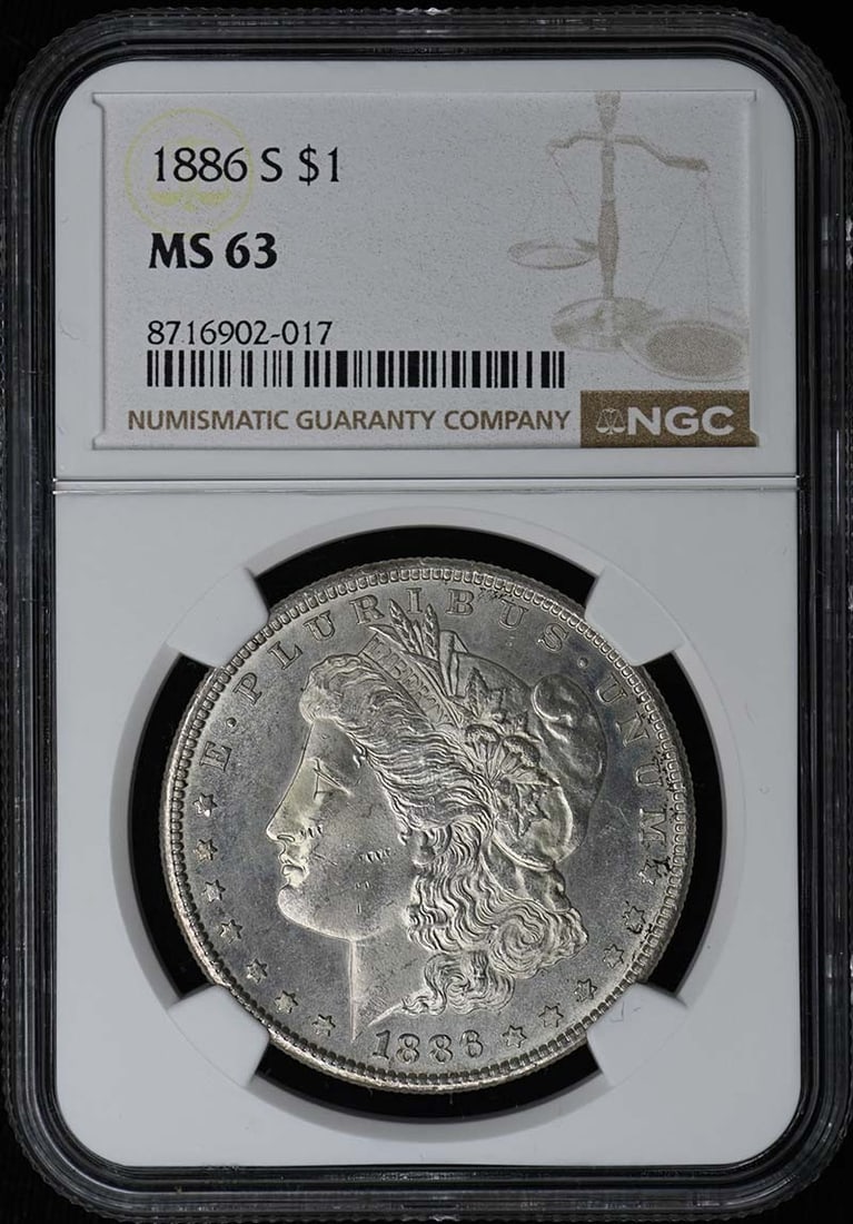 NGC MS63 Certified 1886 San Francisco Morgan Silver Dollar: NGC MS63 Certified 1886 San Francisco Morgan Silver Dollar This 1886-S Morgan Dollar is an uncirculated silver coin graded MS63 by NGC. Minted in San Francisco, it features the iconic Morgan Dollar de