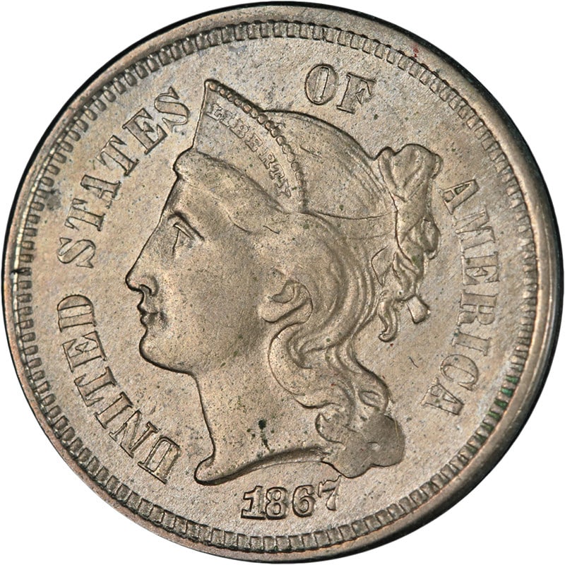 1867 Three Cent Nickel Uncirculated Nice BU Attractive Luster (1 of 2)