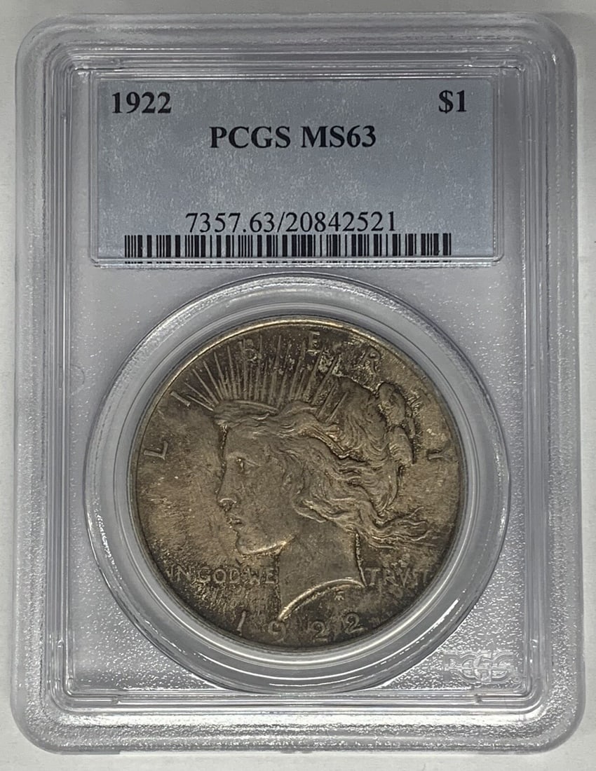 Toned 1922 Peace Dollar Silver Coin PCGS MS 63 Certified (1 of 2)