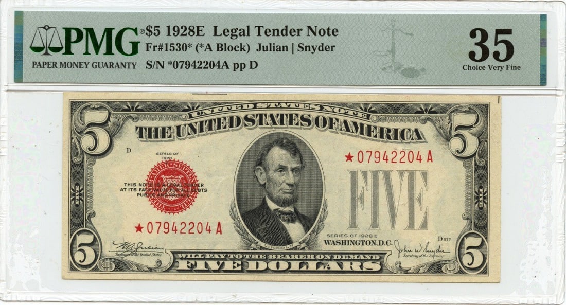 1928E $5 Legal Tender Note PMG VF35 Star Certified (1 of 2)