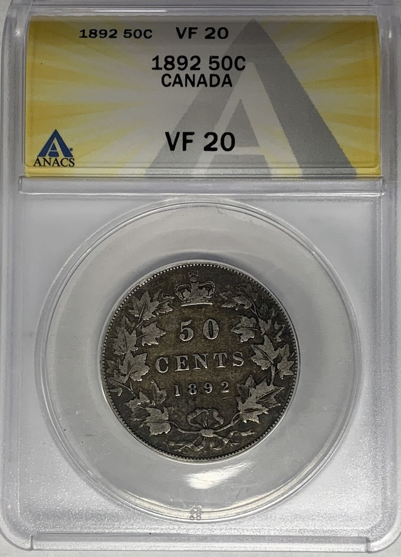 1892 Silver 50 Cent Coin from Canada ANACS VF 20 Certified: 1892 Silver 50 Cent Coin from Canada ANACS VF 20 Certified This 1892 Canadian 50 cent coin is certified by ANACS with a grade of VF 20. Composed of silver, it is a circulated, pre-owned collectible fr
