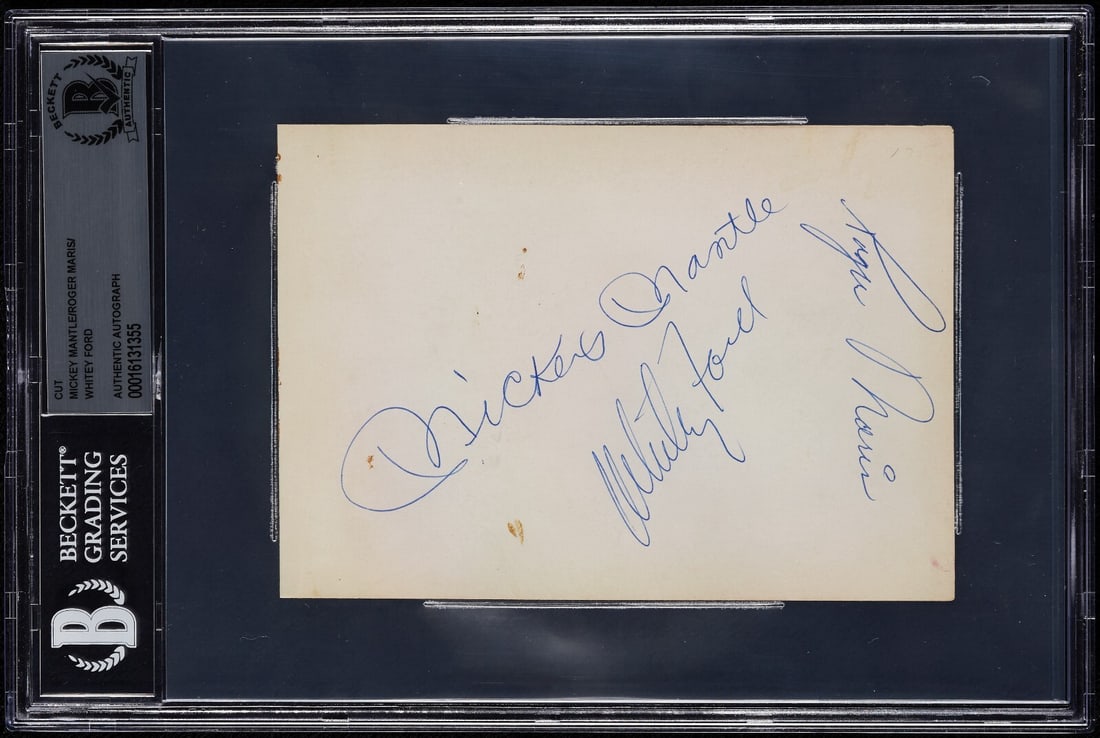 Mickey Mantle Roger Maris Whitey Ford Signed Album Page BGS Certified: Mickey Mantle Roger Maris Whitey Ford Signed Album Page BGS Certified This authentic 1960's album page features the vintage signatures of legendary baseball players Mickey Mantle, Roger Maris, and Whi
