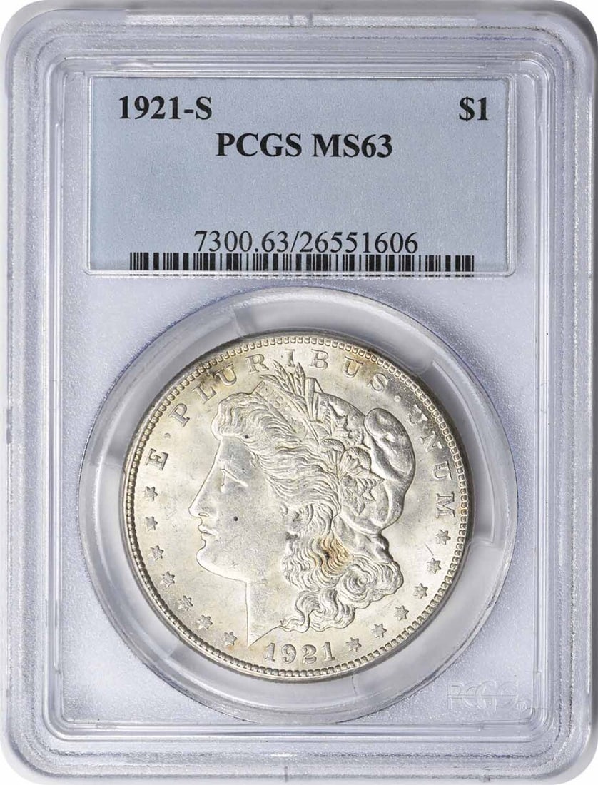 1921-S Morgan Silver Dollar MS63 PCGS Uncirculated Coin: 1921-S Morgan Silver Dollar MS63 PCGS Uncirculated Coin This 1921-S Morgan Silver Dollar is a stunning example of American coinage, graded MS63 by PCGS. Struck in San Francisco, this coin boasts a com