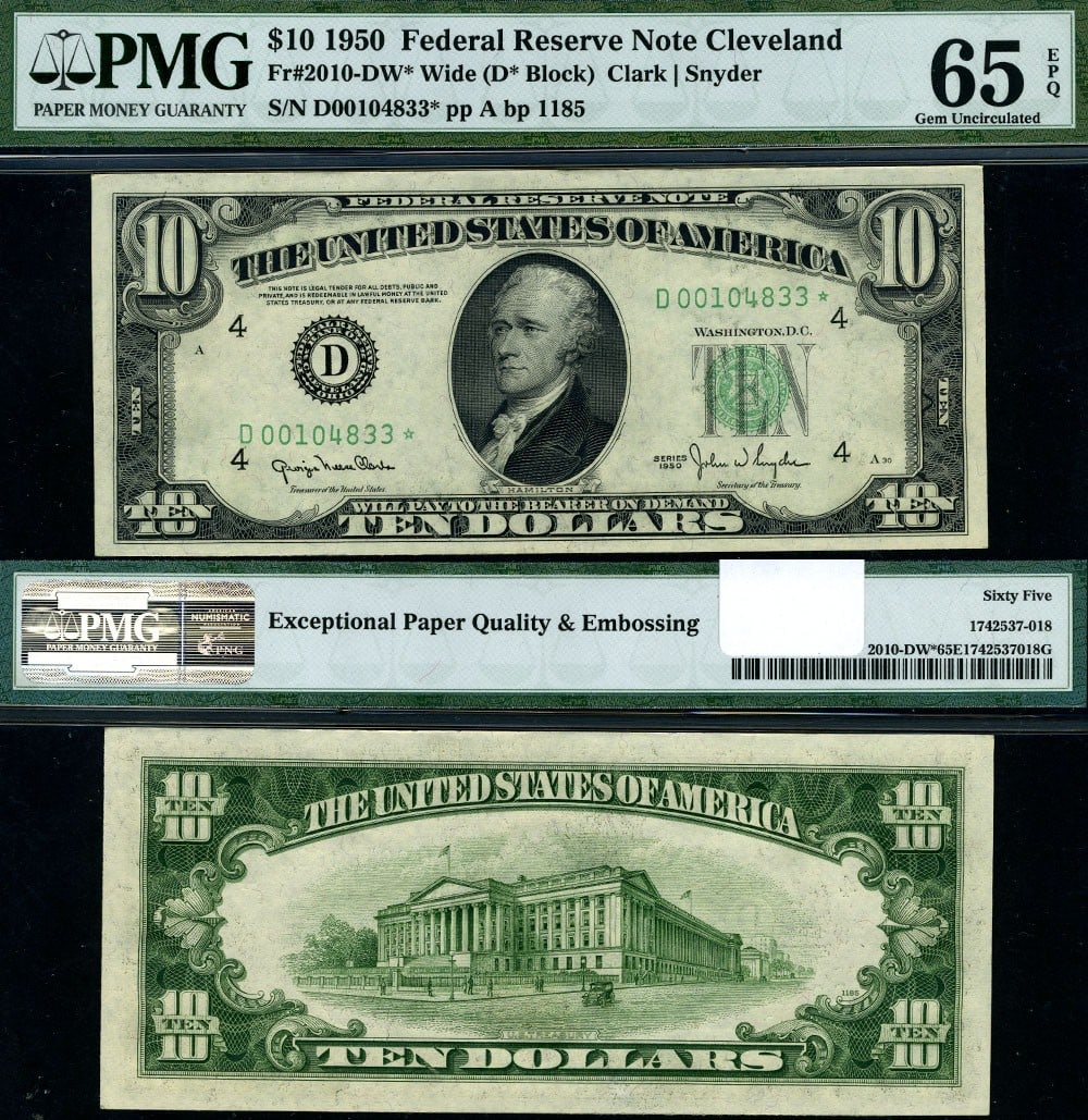 1950 $10 Federal Reserve Note Cleveland D* Block PMG Gem CU65 EPQ (1 of 3)