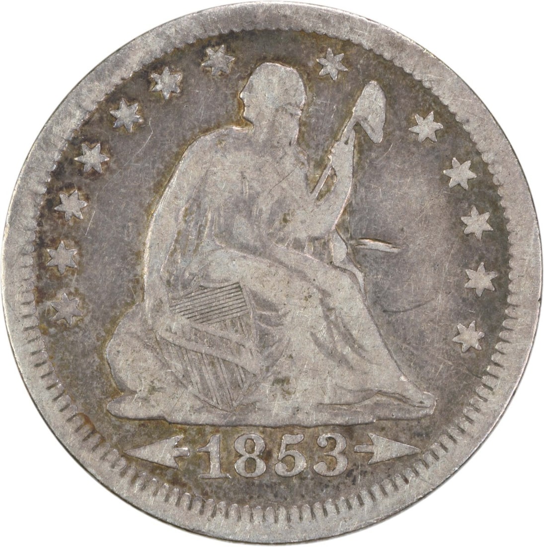 1853 Liberty Seated Silver Quarter VF Uncertified 25C Philadelphia: 1853 Liberty Seated Silver Quarter VF Uncertified 25C Philadelphia This 1853 Liberty Seated Silver Quarter features the Arrows and Rays design, showcasing the craftsmanship of renowned designers Rober