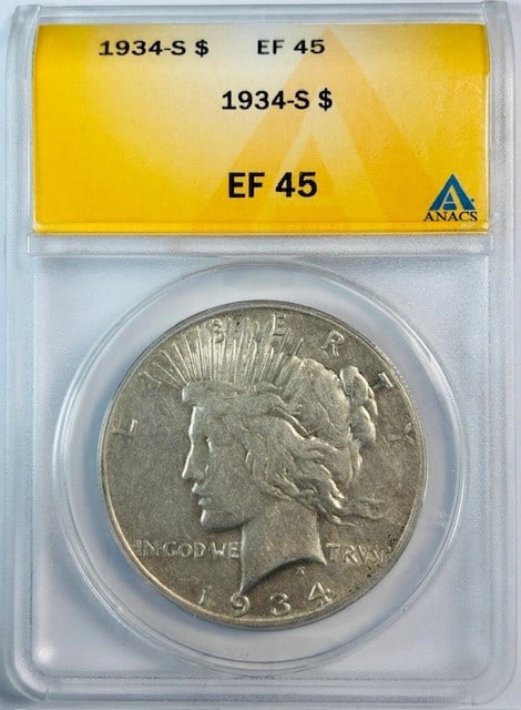 ANACS XF45 1934 San Francisco Silver Peace Dollar Coin: ANACS XF45 1934 San Francisco Silver Peace Dollar Coin This is a 1934 S Peace Dollar, certified by ANACS with a grade of XF 45. The coin is composed of silver, was minted in San Francisco, and is circ
