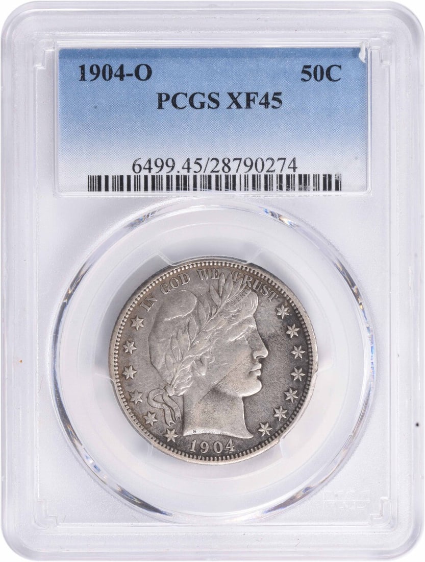 1904-O Barber Half Dollar 50C PCGS Certified Silver Coin: 1904-O Barber Half Dollar 50C PCGS Certified Silver Coin This 1904-O Barber Silver Half Dollar, graded EF45 by PCGS, is a remarkable piece of numismatic history. Struck at the New Orleans Mint, this c