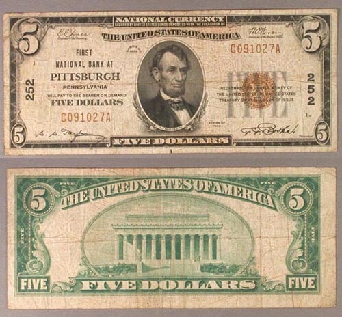 1929 Extra Fine $5 National Bank Note Pittsburgh Charter 252 First NB (1 of 1)