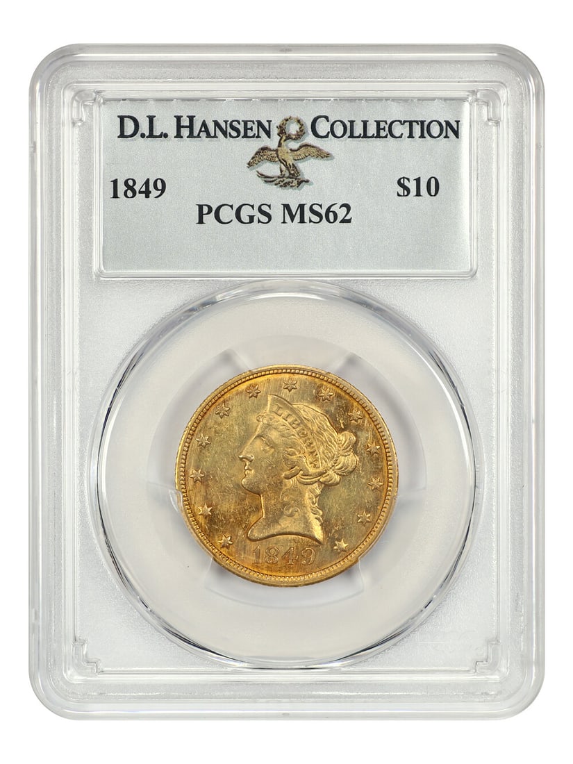 1849 Liberty Head $10 Gold Coin PCGS MS62 Certified: 1849 Liberty Head $10 Gold Coin PCGS MS62 Certified This 1849 $10 Liberty Head coin, graded MS62 by PCGS, is an exceptional example of early American gold coinage. Struck at the Philadelphia mint, it