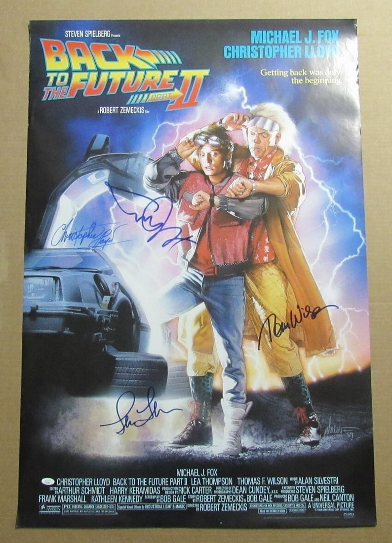 Back to the Future II Autographed 27x40 Poster by 4 Actors JSA Certified: Back to the Future II Autographed 27x40 Poster by 4 Actors JSA Certified This is an original, multi-autographed 27x40 movie poster from "Back to the Future II," featuring signatures from four iconic a