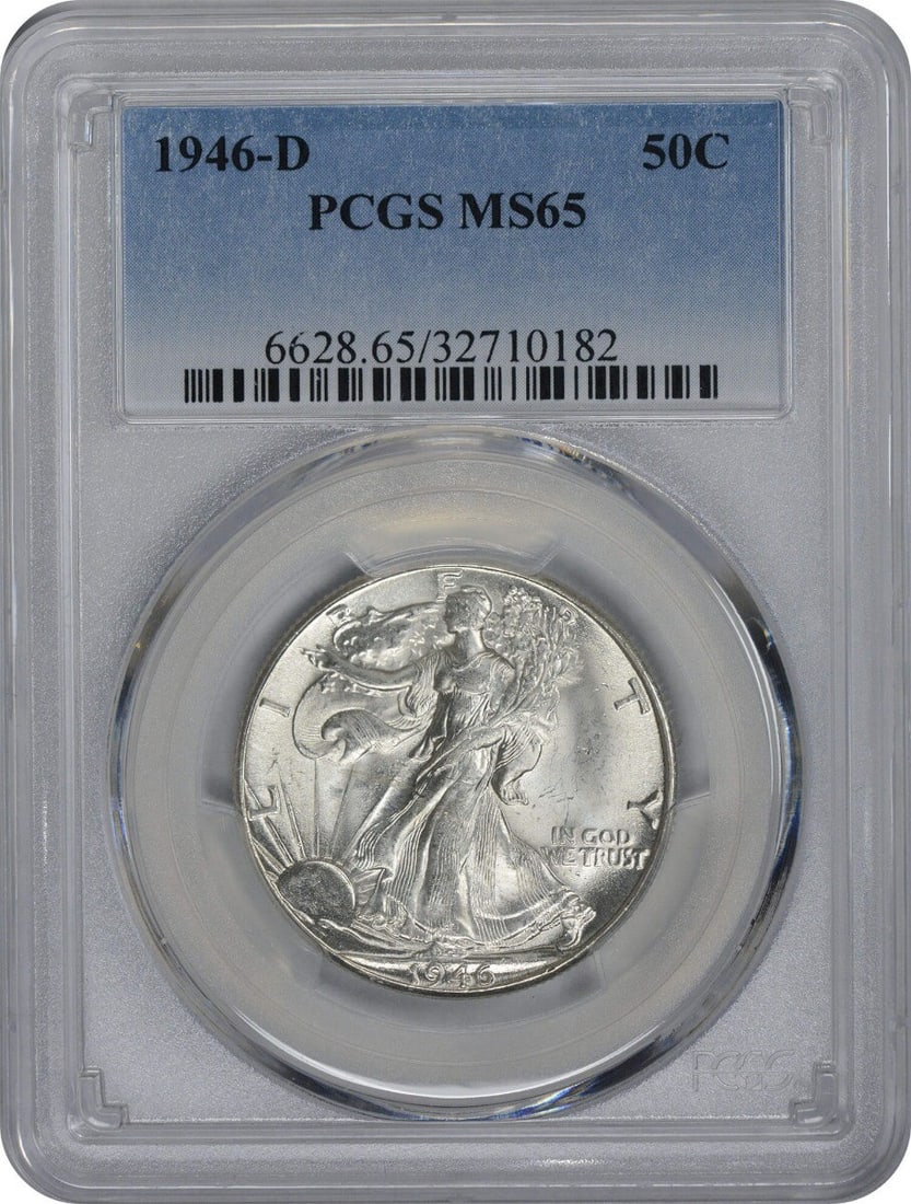 1946-D Walking Liberty Silver Half Dollar MS65 PCGS Uncirculated: 1946-D Walking Liberty Silver Half Dollar MS65 PCGS Uncirculated This 1946-D Walking Liberty Silver Half Dollar is a stunning example of American coinage, graded MS65 by PCGS. Featuring the iconic des