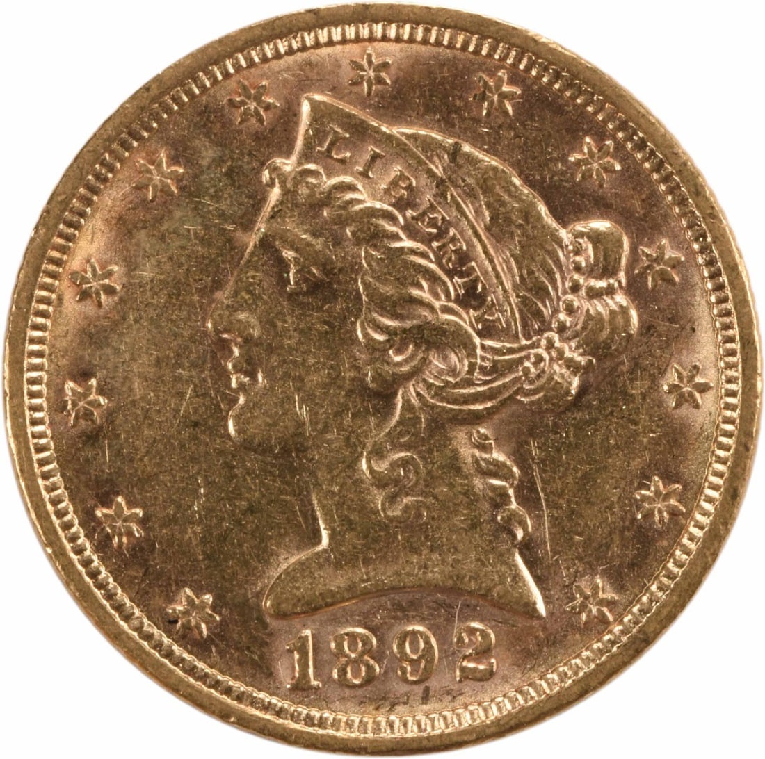 1892 $5 Gold Liberty Head Coin AU Uncertified Christian Gobrecht: 1892 $5 Gold Liberty Head Coin AU Uncertified Christian Gobrecht This 1892 $5 Gold Liberty Head coin is a beautiful representation of American numismatic history. With a fineness of 0.9, it is compose