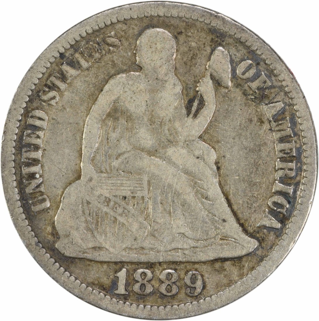 1889-S Liberty Seated Silver Dime 90% Silver Uncertified: 1889-S Liberty Seated Silver Dime 90% Silver Uncertified This 1889-S Liberty Seated Silver Dime showcases the timeless design by Christian Gobrecht. Struck in San Francisco, this circulated coin featu
