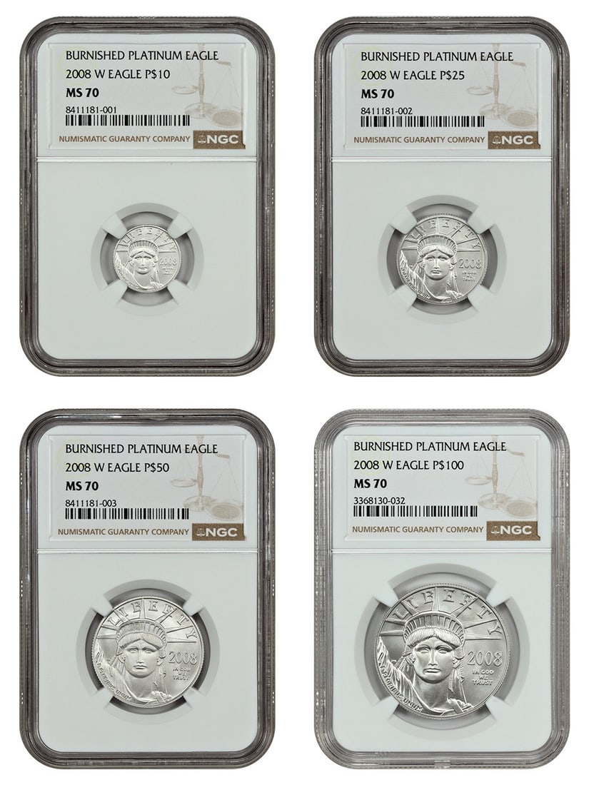 Set of 4 2008-W Platinum Eagles NGC MS70 Burnished Coins (1 of 4)