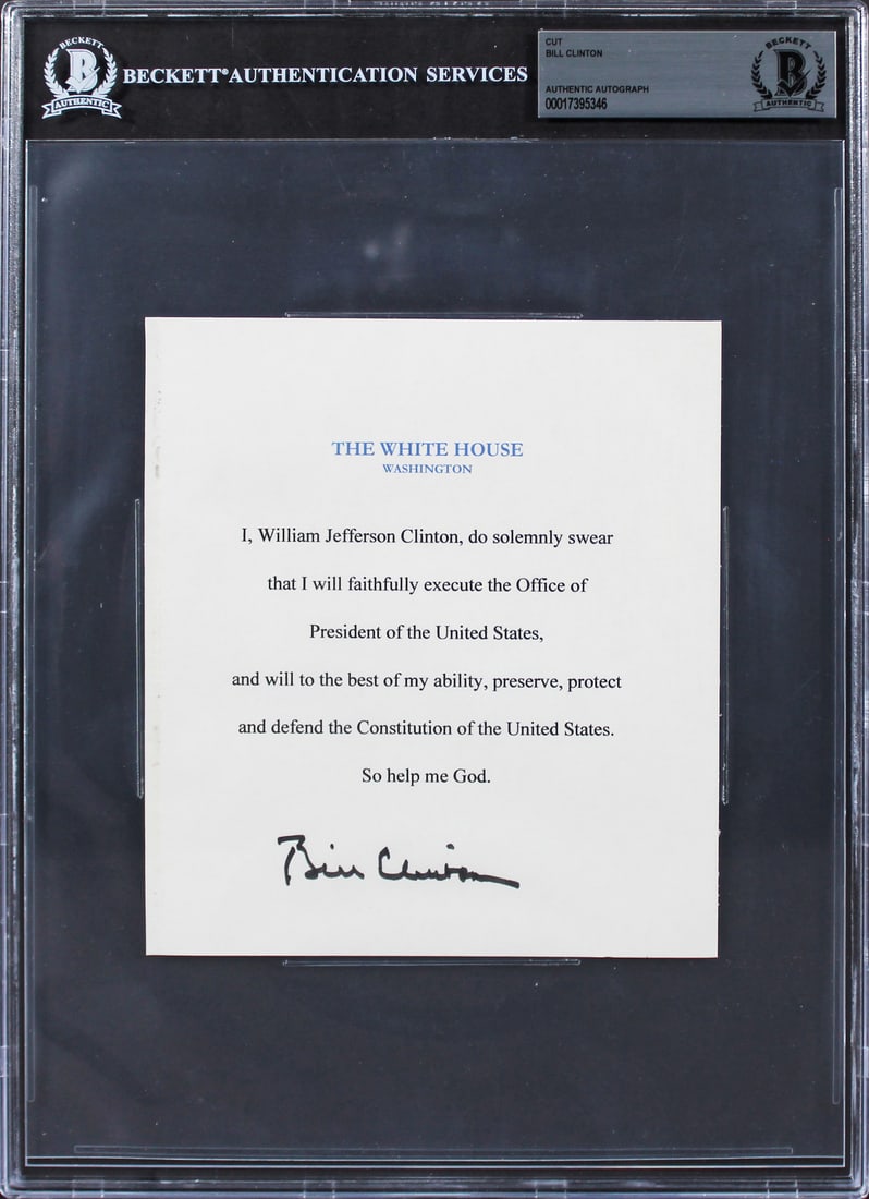 Bill Clinton Signed Oath of Office Cut Signature 5.75x6.25 Beckett Slabbed: Bill Clinton Signed Oath of Office Cut Signature 5.75x6.25 Beckett Slabbed This authentic signed cut signature features Bill Clinton's autograph on a 5.75x6.25 Oath of Office. It has been personally s
