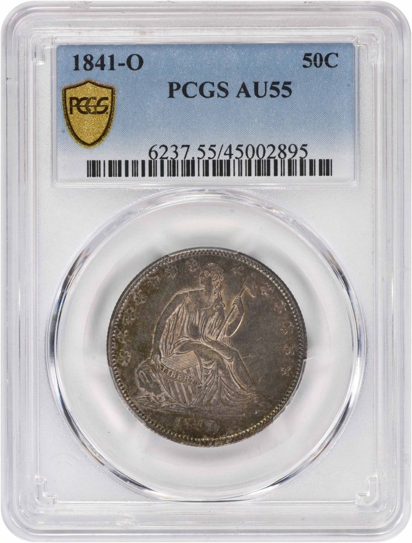 PCGS AU55 1841-O Seated Liberty Half Dollar 90 Percent Silver Coin: PCGS AU55 1841-O Seated Liberty Half Dollar 90 Percent Silver Coin This is an 1841-O Liberty Seated Half Dollar, graded AU55 by PCGS. Minted in New Orleans, this circulated coin features the iconic Se