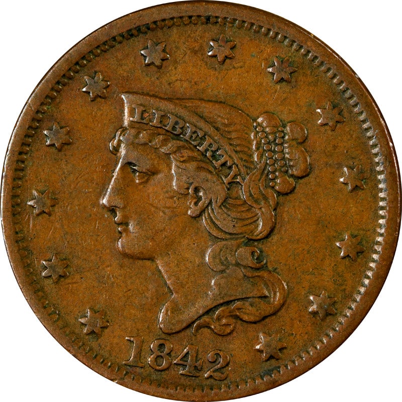 1842 Large Cent Copper Coin Circulated Choice Plus: 1842 Large Cent Copper Coin Circulated Choice Plus This 1842 Large Cent is a remarkable piece from the early 19th century, showcasing a beautiful copper composition. The coin is classified as Choice++