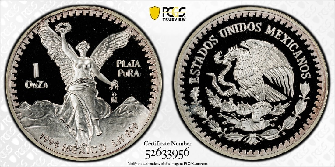 1994 Mexican Libertad 1 oz Silver Proof Coin PR69 DCAM PCGS: 1994 Mexican Libertad 1 oz Silver Proof Coin PR69 DCAM PCGS This stunning 1994 Mexican Libertad coin features a 1 oz silver composition with a fineness of 0.999. Graded PR 69 by PCGS, this proof strik