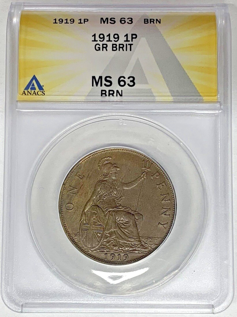 1919 United Kingdom Penny ANACS Certified MS 63 Brown Coin: 1919 United Kingdom Penny ANACS Certified MS 63 Brown Coin This is a 1919 Great Britain One Penny coin, certified by ANACS with a grade of MS 63 BN. The coin originates from the United Kingdom and fea