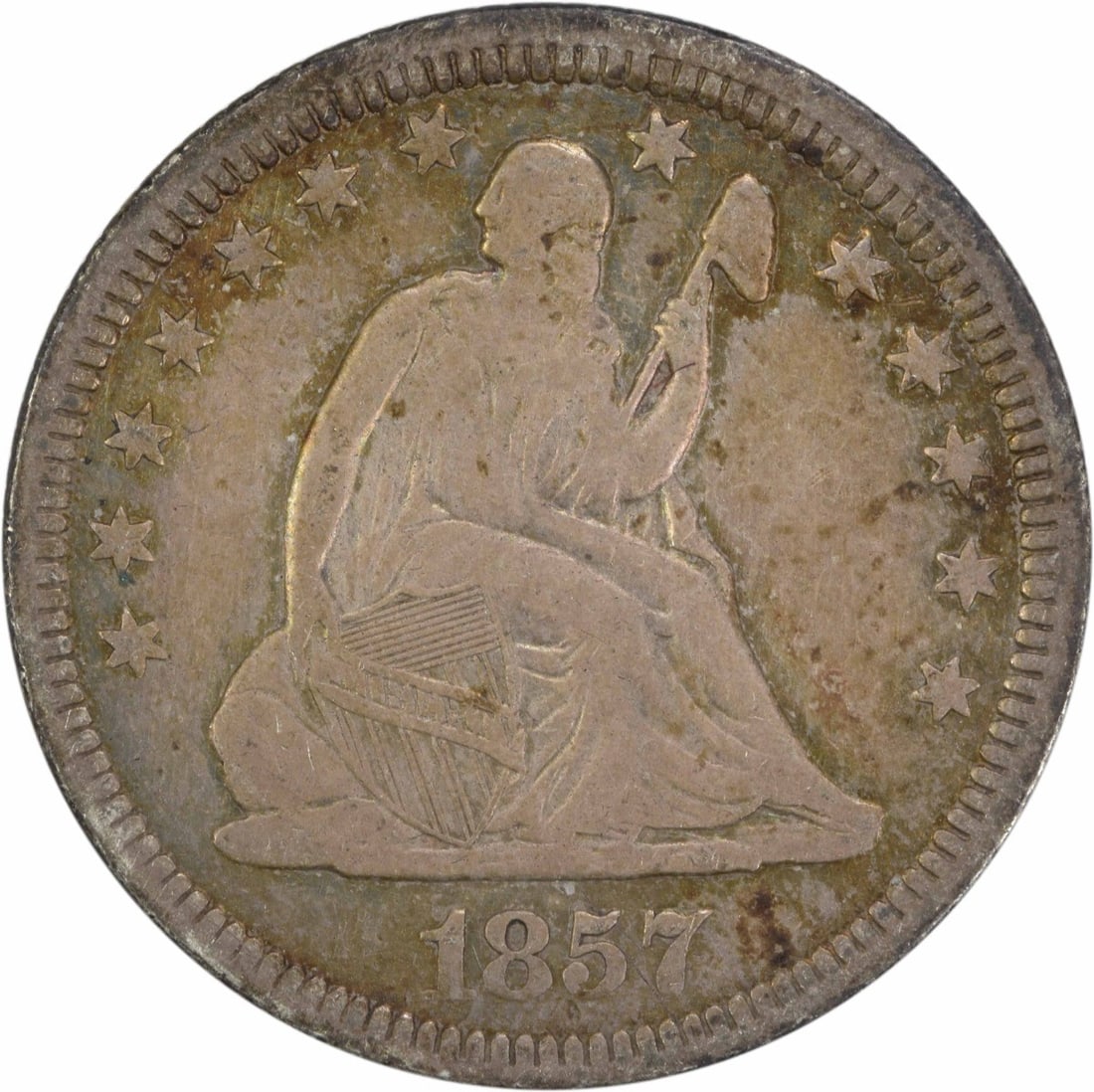 1857 Liberty Seated Quarter 90% Silver Uncertified Coin: 1857 Liberty Seated Quarter 90% Silver Uncertified Coin This 1857 Liberty Seated Silver Quarter is a remarkable piece of American numismatic history. Struck in Philadelphia, this coin features a desig