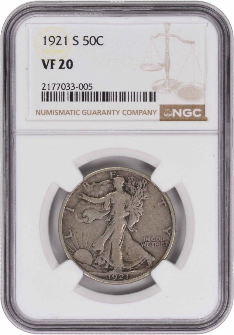 1921-S Walking Liberty Half Dollar VF20 NGC Certified Silver Coin: 1921-S Walking Liberty Half Dollar VF20 NGC Certified Silver Coin This 1921-S Walking Liberty Silver Half Dollar is a remarkable piece of American history, featuring the elegant design by Adolph Alexa
