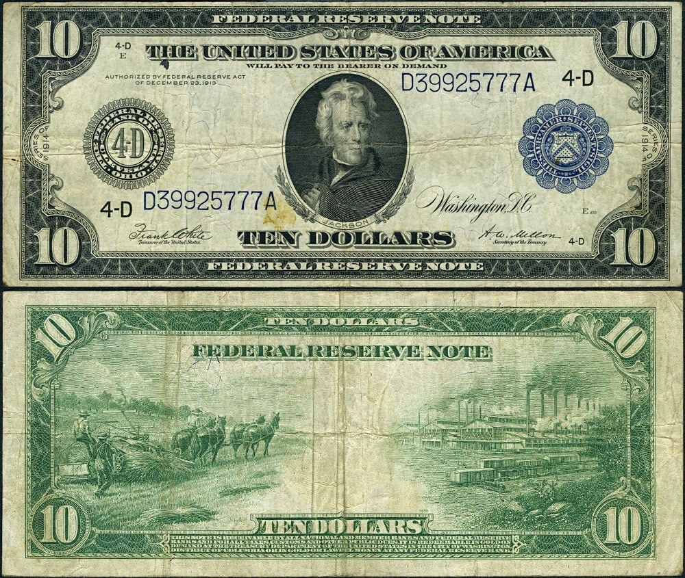 1914 $10 Federal Reserve Note FR. 919 A Circulated VF (1 of 3)