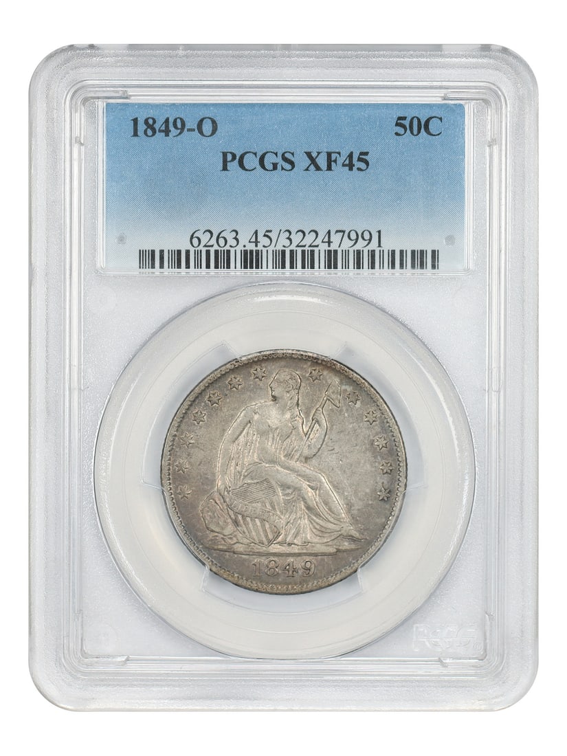PCGS XF45 1849-O Liberty Seated Half Dollar Fifty Cent Coin: PCGS XF45 1849-O Liberty Seated Half Dollar Fifty Cent Coin This Liberty Seated Half Dollar from 1849 was minted in New Orleans and is certified by PCGS with a grade of XF45. This circulated coin