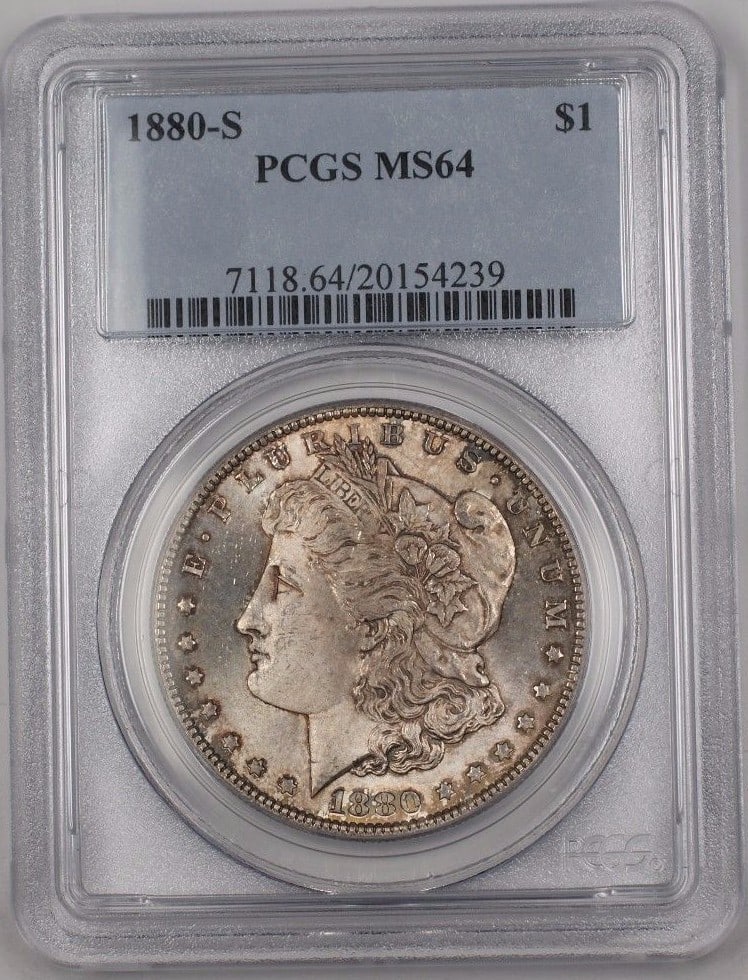 PCGS MS 64 1880-S Morgan Silver Dollar Uncirculated Toned US Coin: PCGS MS 64 1880-S Morgan Silver Dollar Uncirculated Toned US Coin This 1880-S US Morgan Silver Dollar coin is a collectible piece certified by PCGS with a grade of MS 64. Minted in San Francisco, it