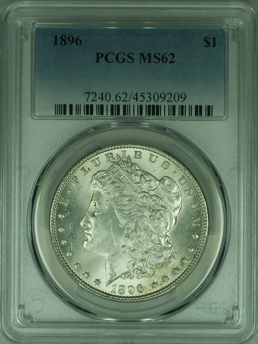 PCGS MS-62 1896 Morgan Dollar Uncirculated Silver Coin from Philadelphia: PCGS MS-62 1896 Morgan Dollar Uncirculated Silver Coin from Philadelphia This is an 1896 Morgan Silver Dollar coin graded MS-62 by PCGS. Struck at the Philadelphia Mint, the coin is uncirculated and