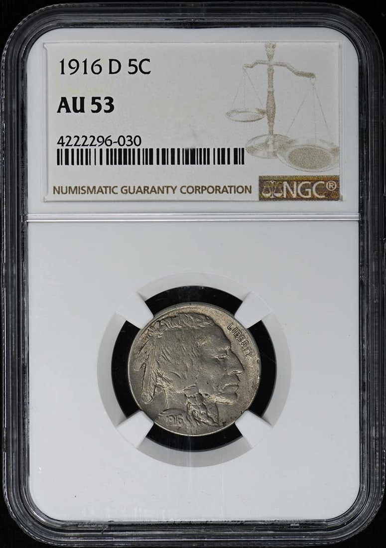 NGC AU53 1916 Denver Mint Buffalo Nickel Five Cent Type 2: NGC AU53 1916 Denver Mint Buffalo Nickel Five Cent Type 2 This is a 1916-D Buffalo Nickel Type 2 with a denomination of 5 cents. Certified by NGC with a grade of AU53, this coin was minted in Denver