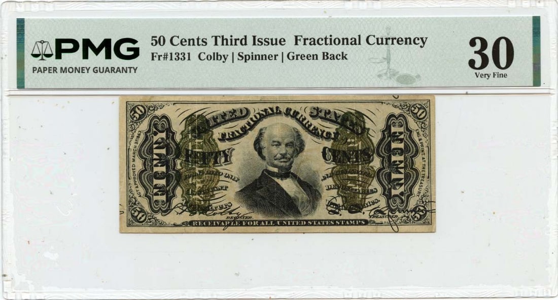 Third Issue 50 Cent Fractional US Currency PMG VF30 FR1331: Third Issue 50 Cent Fractional US Currency PMG VF30 FR1331 This is a Third Issue 50 Cents Fractional Currency note from the United States, certified by PMG with a grade of VF30. The note is circulated