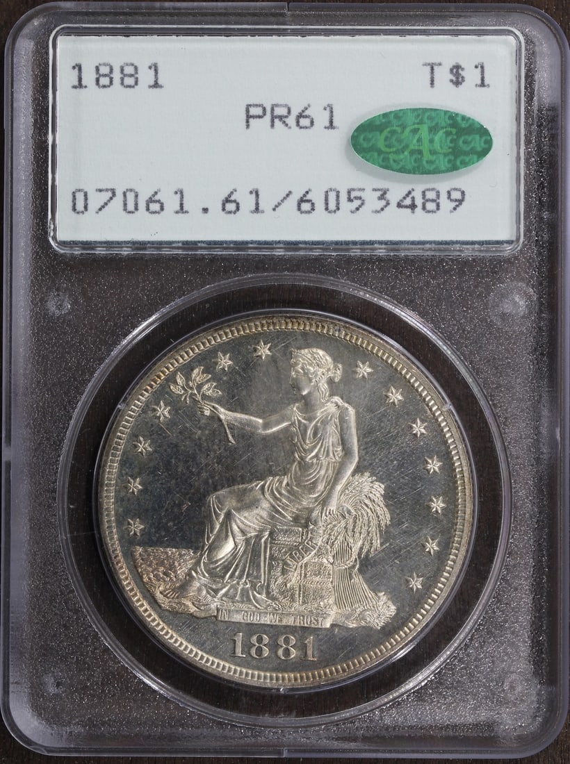 1881 Proof Trade Dollar Silver PR61 CAC PCGS Rattler: 1881 Proof Trade Dollar Silver PR61 CAC PCGS Rattler This 1881 Trade Silver Dollar is a proof strike graded PR61 by PCGS and features CAC approval. Minted in Philadelphia, it is composed of 90% silver