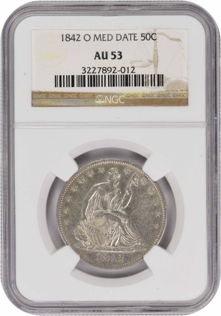 NGC AU53 1842-O Seated Liberty Half Dollar Medium Date 90% Silver Coin: NGC AU53 1842-O Seated Liberty Half Dollar Medium Date 90% Silver Coin This 1842-O Liberty Seated Half Dollar features the medium date variety and is graded AU53 by NGC. Minted in New Orleans, this pr