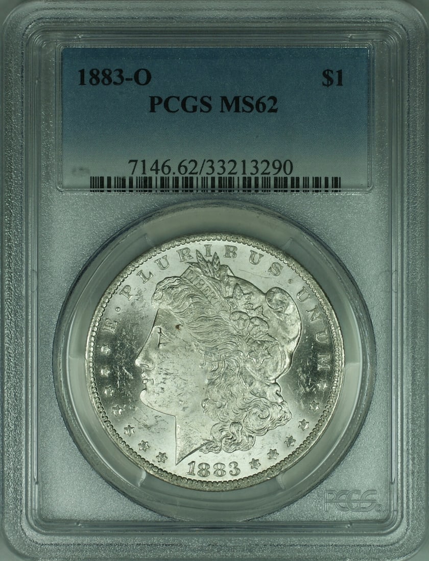 PCGS MS62 1883-O Morgan Dollar Silver Coin from New Orleans Mint: PCGS MS62 1883-O Morgan Dollar Silver Coin from New Orleans Mint This 1883-O Morgan Silver Dollar is an uncirculated $1 coin graded MS 62 by PCGS. Minted in New Orleans, it is composed of 90% silver a
